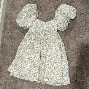 Floral Puff-Sleeve Dress in Blue and Cream